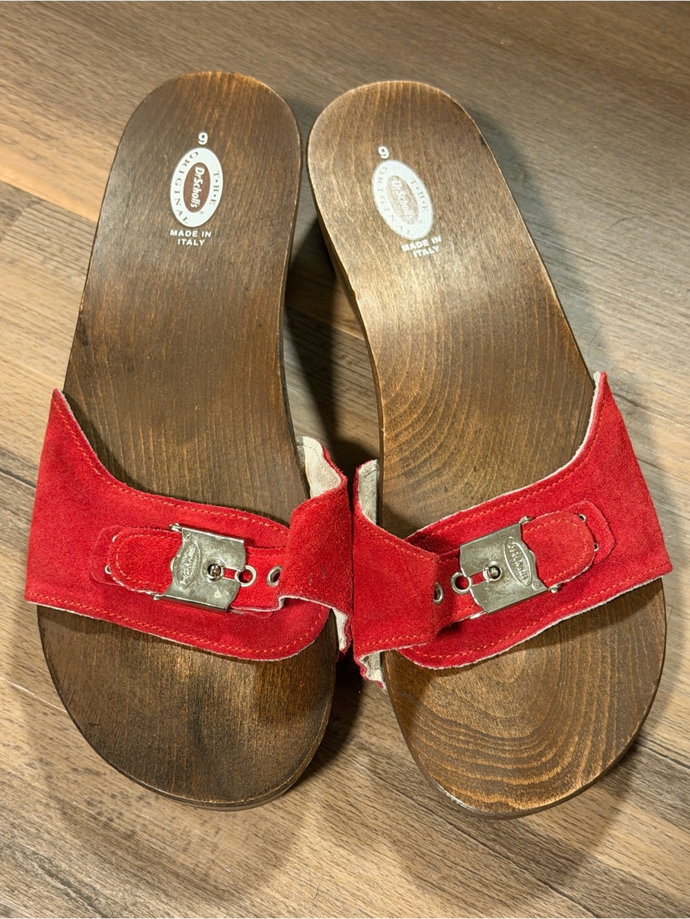 Dr. Scholl’s Original Exercise Sandals Red Suede Wood Size 9 Made in Italy